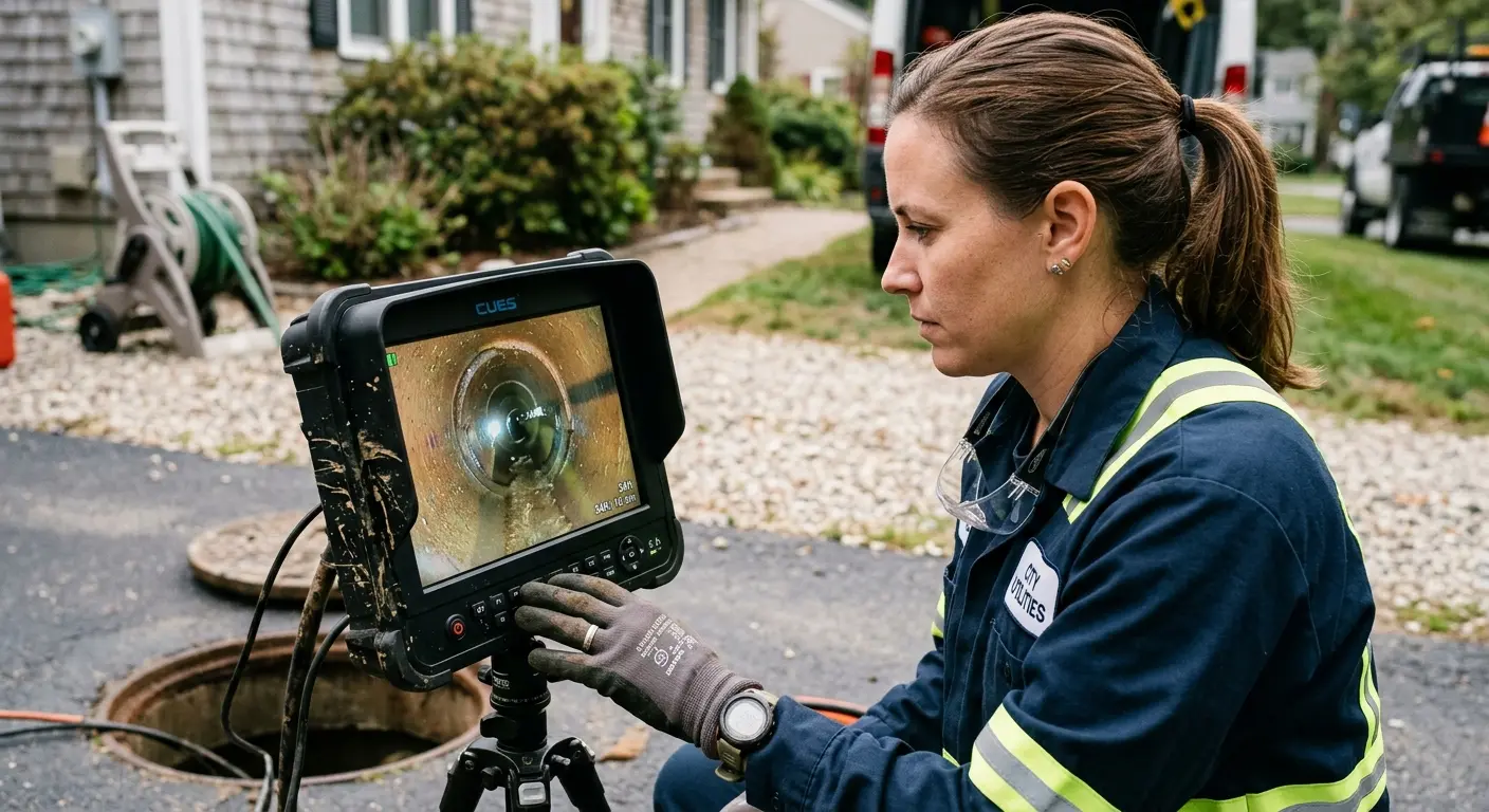 Technician reviewing sewer camera inspection footage in Chesterland