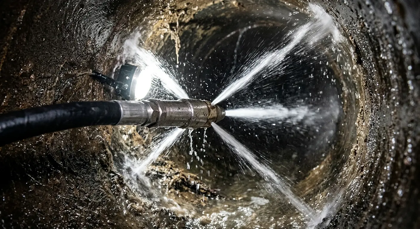 High-pressure hydro jetting nozzle cleaning sewer pipe for Sewer Cleanout in Chesterland