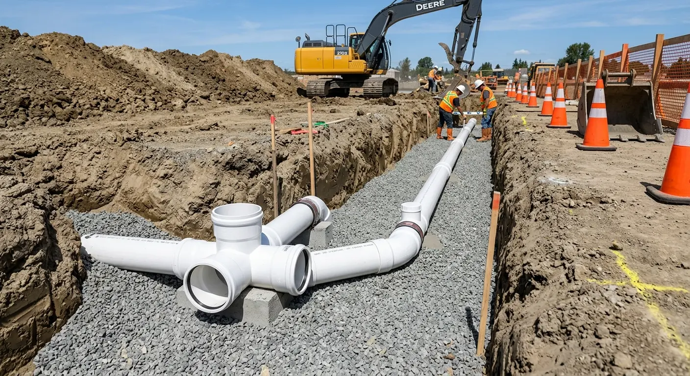New PVC sewer pipe installation in open trench for Commercial Drain Cleaning in Chesterland