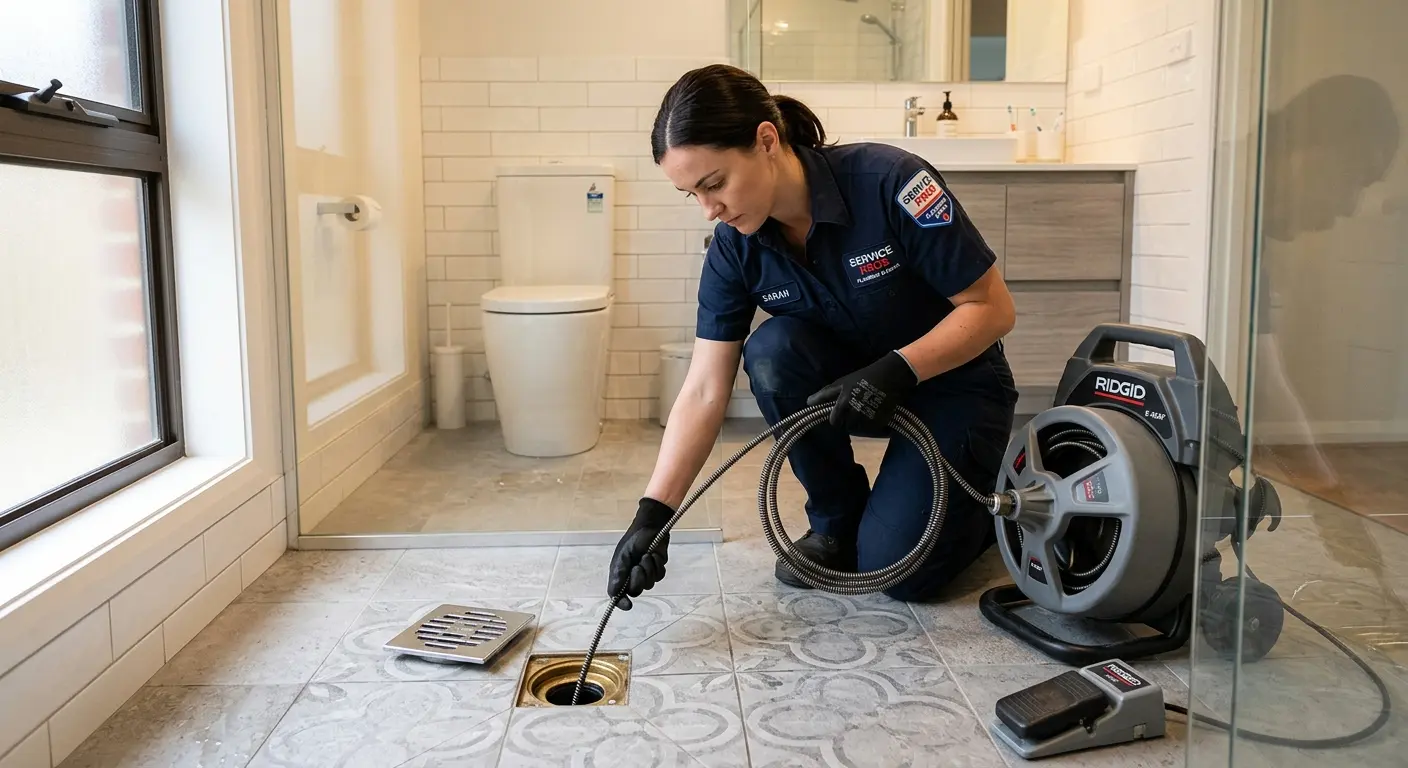 Technician clearing a bathroom floor drain for Sewer Line Replacement in Chesterland
